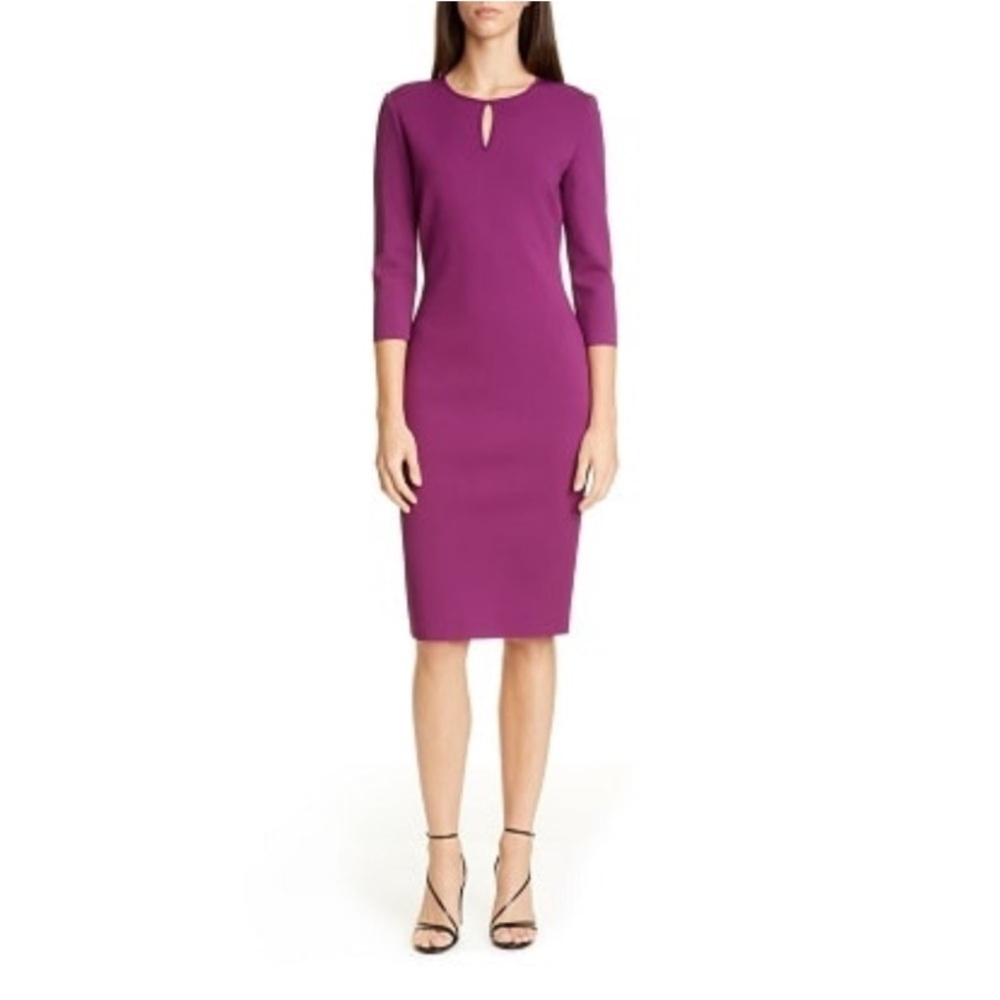 St John Luxe Sculpture Knit Sheath Dress Iris Purple 3/4 Sleeve Keyhole Size 2